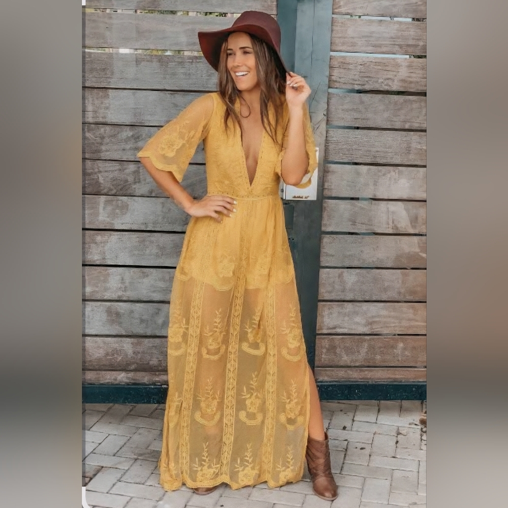 Honey Punch Mustard Boho Romper Maxi Dress,lace Zip,attached Shorts.